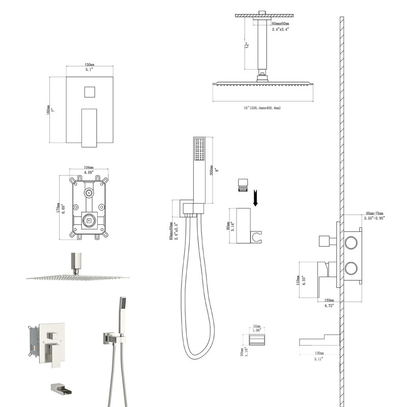 Ceiling Mounted Shower 16" Rainfall Head, Waterfall Spout, Handheld With Adjustable Water Flow Yes Mount Shower:  Tub