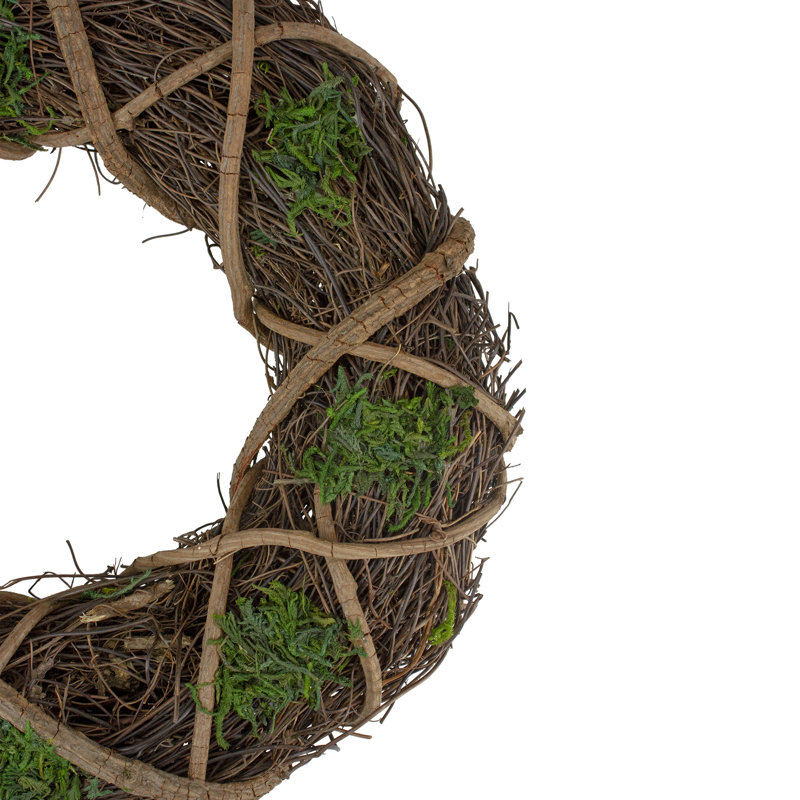 13" Green and Brown Moss and Twig Artificial Spring Wreath - Unlit