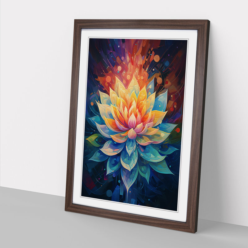 Lotus Flower Orphism - Single Picture Frame Print on Wood, 46cm H x 34cm W x 2cm D, Walnut