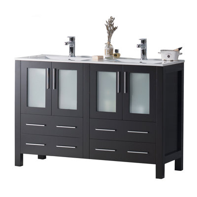Meuble-lavabo simple 48 po avec lavabo en céramique - Armoire en bois massif, tiroirs à fermeture en douceur, portes en verre trempé et plomberie en U