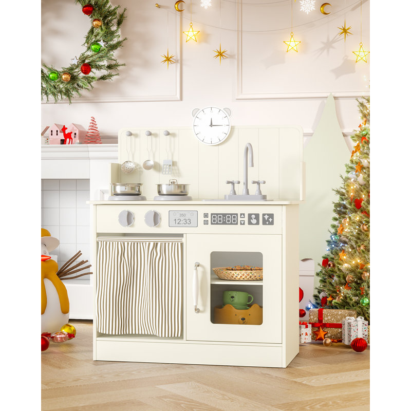 Kids Kitchen Playset With Ample Storage, Interactive Play Kitchen With Simulated Gas Tray, Sink, Faucet, 6 Pcs Cookware, Educational Clock For Toddlers(Cream)