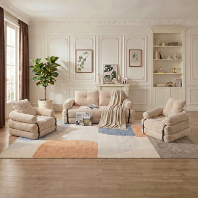 Ensemble de canapés de salon à compression 3 avec dossier, canapé-lit escamotable désossé avec poignée, fauteuil à billes convertible 2 en 1 et canapé de plancher, canapé pliant confortable pour la chambre à coucher et le salon