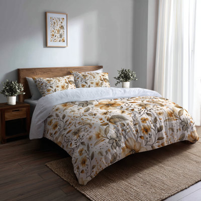 Country Farmhouse 3 Pcs Bedding Set - Brown Neutral Bloom Paisley Duvet Cover And Throw Pillow Set