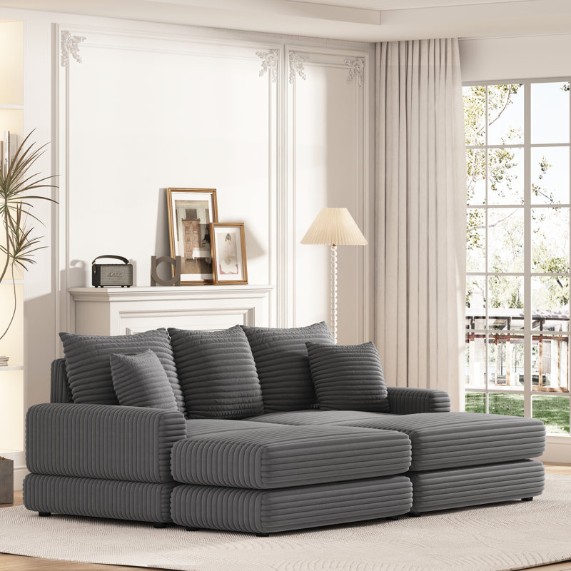 Velours côtelé avec 3 coussins de dossier, 2 coussins décoratifs et repose-pieds - Canapé confortable de 86,6 po