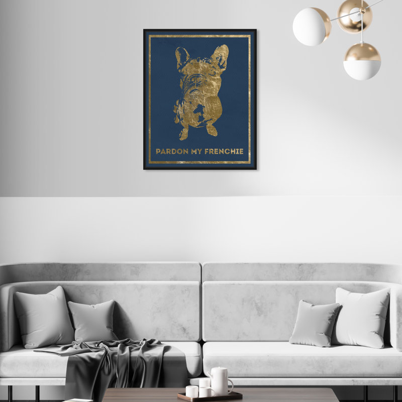 Pardon My Frenchie, élégant bouledogue français moderne, or - peinture, H 21 po x l 17 po, Cadre flottant noir