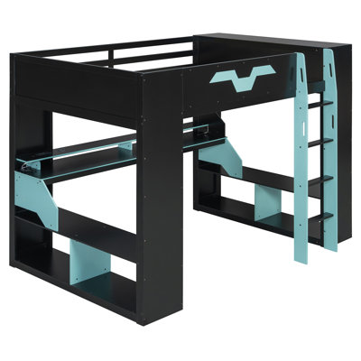Full-Size Wood Loft Bed with RGB Lights, Power Outlet & USB/Type-C, Desk & Storage for Kids/Teens, Blue