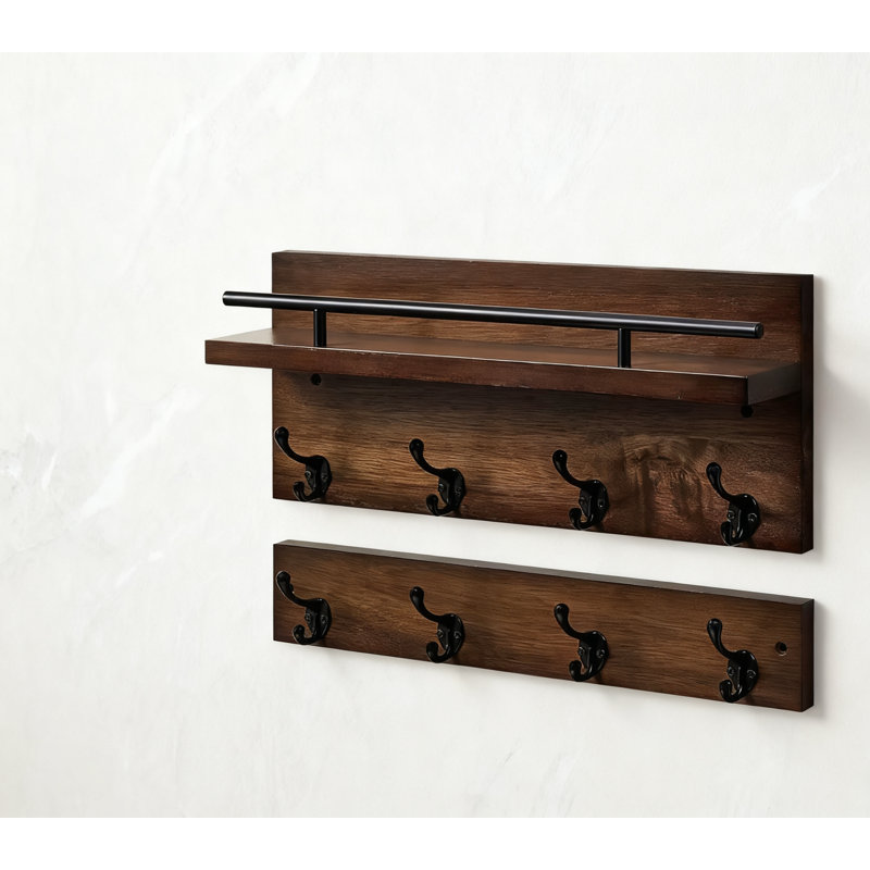 Portemanteau mural en bois massif avec tablette et 8 crochets, organisateur robuste pour vestibule, chapeaux, sacs, clés et accessoires
