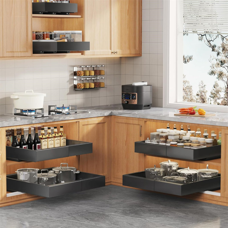 Paquet de 2, organisateurs d'armoire coulissants de 16,53 po de profondeur avec coussin de levage pour armoires encadrées, tiroirs coulissants extensibles améliorant 3 rails coulissants, adhésif à tablettes coulissantes, largeur réglable de 11,81 po 