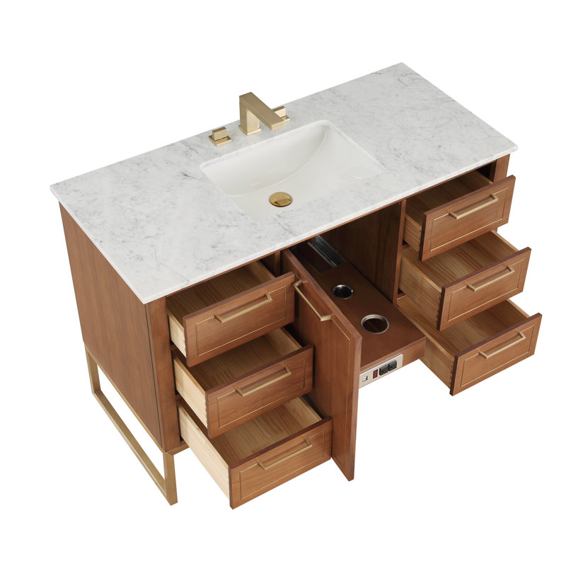 Markham 48'' W Single Vanity, Carara Marble, Walnut, Satin Brass