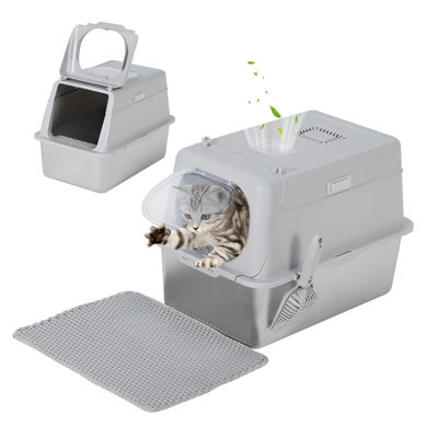 Extra Large Stainless Steel Cat Litter Box with Lid – Non-Stick, Odor-Resistant Enclosed Pan for Multi-Cat Households, Includes Scoop & Mat – 20cm, Light Gray, Made in USA