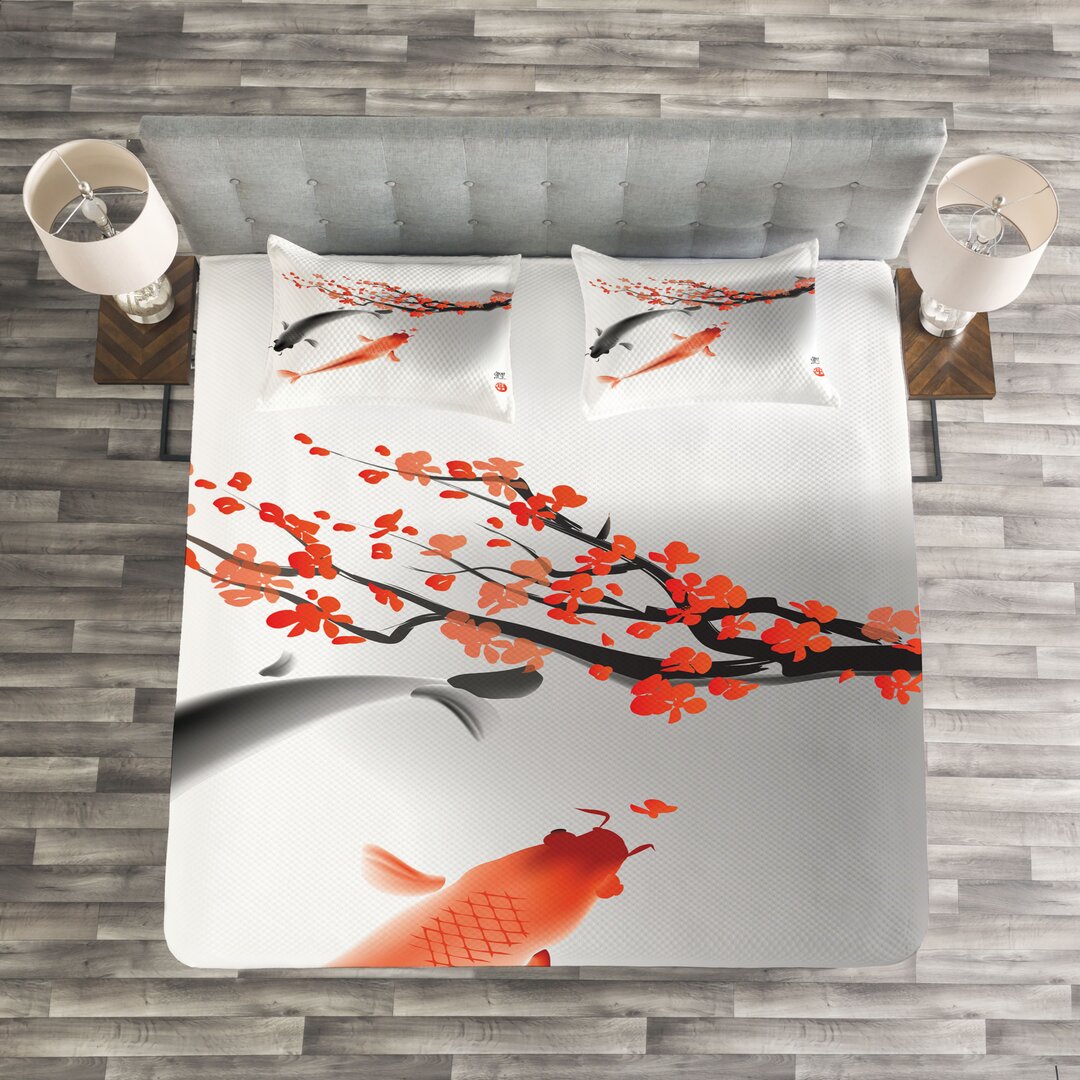 Gestepptes Bettdecken-Set, Koi Karpfen-Fische Paar, japanisch, Orange Grau