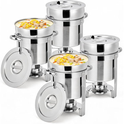 Ensemble de chauffe-plats professionnel professionnel - Chafers à soupe ronds en acier inoxydable commercial de 11 pintes - Couvercles entaillés, supports à carburant, équipement de restauration portable pour restaurants, événements, fêtes - 4 pièces