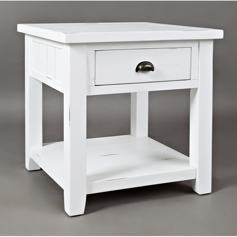 Table de bout en bois massif avec rangement Castile, Blanc patiné