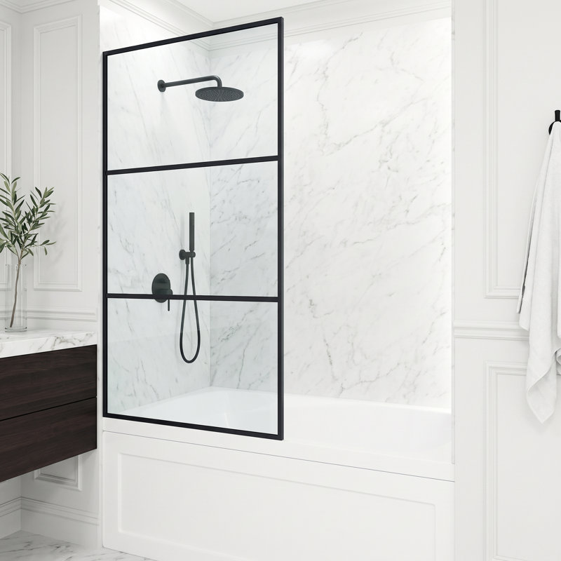 Divide 34" W x 62" H Fixed Framed Bathtub Screen with 3/8" Striped Glass, Matte Black Clear
