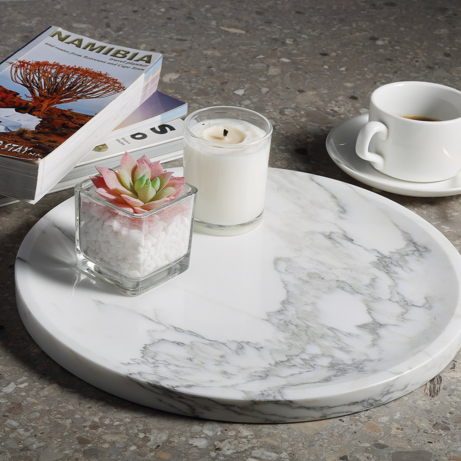 Guein 12” Round Natural Marble Tray, Statuario