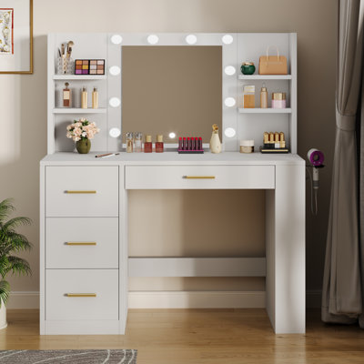 39.5" Vanity Desk With Hollywood LED Mirror And Power Outlet