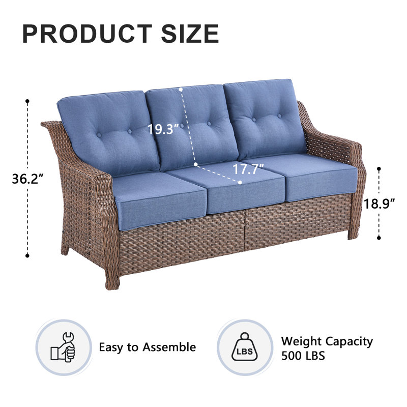 Sami 75'' 3-Seat Paito Wicker Sofa With 6-Inch Ultra-Plush Cushions & Water-Resistant Olefin Fabric, Blue