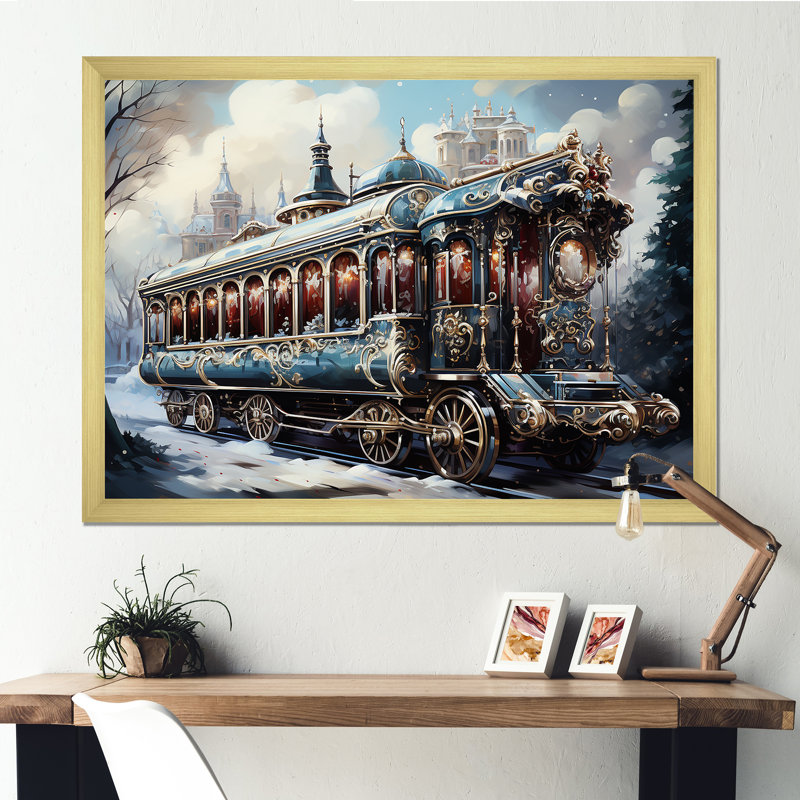 Voyage en train de Noël I - train, art mural, Cadre doré à coins fermés, H 24 po x l 32 po x P 1 po