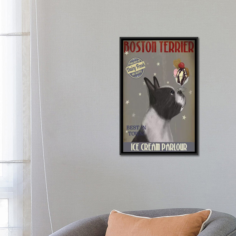 Publicité rétro sur toile tendue Fab Funky «Boston Terrier Ice Cream Parlor», Toile encadrée noire, Pas de tapis