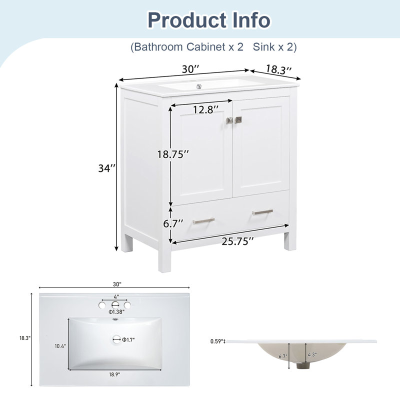 Ensemble de meuble-lavabo moderne 60 ", meuble-lavabo double séparé avec double lavabo en céramique (miroir non inclus)