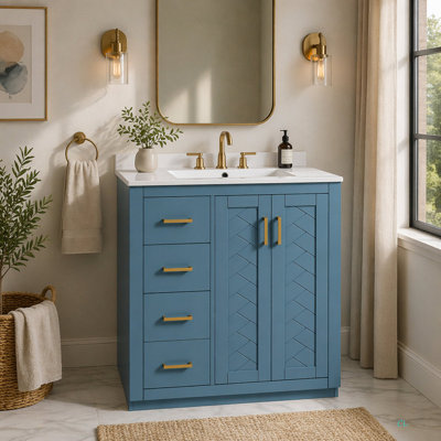 Ensemble de meuble-lavabo 30 po avec lavabo en céramique, armoire de rangement en bois massif, ensemble de meuble-lavabo autoportant avec 3 tiroirs et portes à fermeture douce