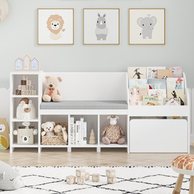 55.1" W x 31.5"H 3-IN-ONE Kids Bookcase with 3 Drawers, Soft Cushion, 4-Layer Bookshelf, Reading Nook