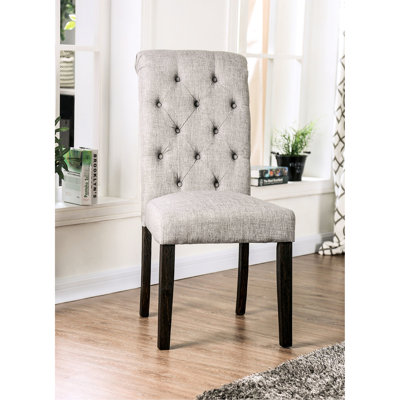 Rustic Dining Chairs , 2 Pieces, Gray Fabric Upholstery, Solid Wood Construction, Button Back, Scroll Detail 2 Chairs, Design, Antique Black/ Gray, Linen-Like Fabric, Wood, Fine Pattern