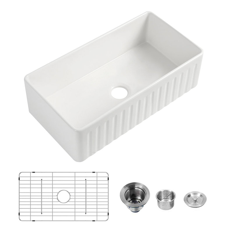 Évier de cuisine de ferme rectangulaire en argile réfractaire simple 36 po x l 20 po avec grille et drain