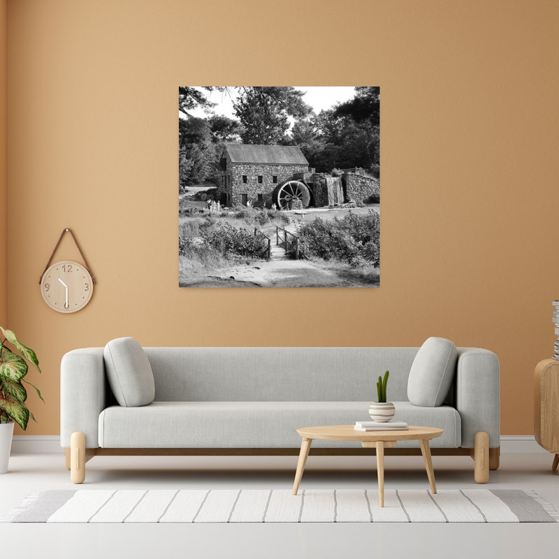 1960S People Tourists Visiting Rustic Grist Mill With Stone Structure Waterfall And Waterwheel Sudbury Massachusetts Usa Classic Retro Rustic Lands...