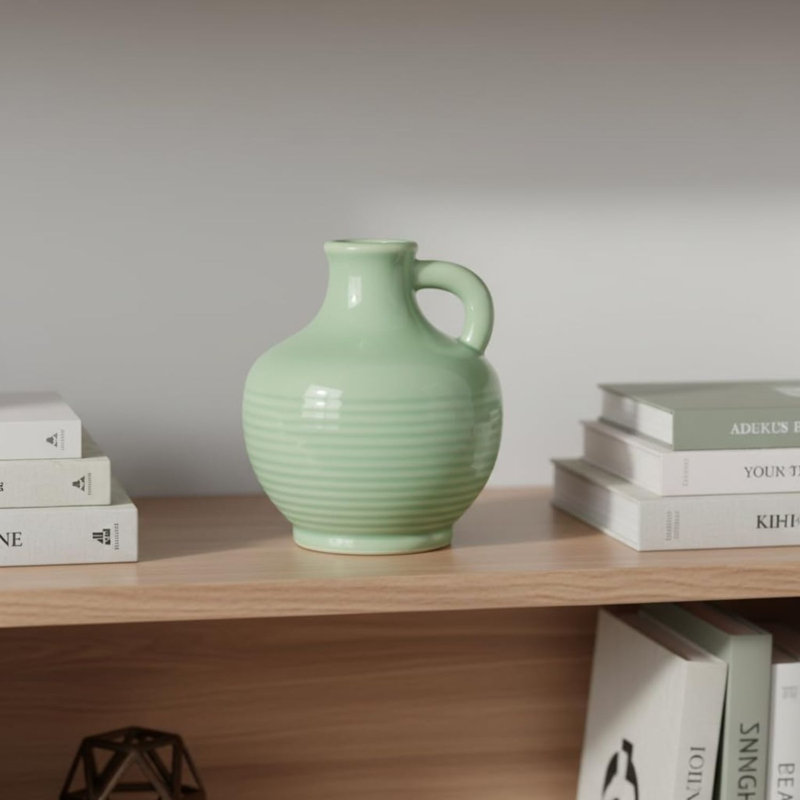Light Green Ceramic Vase with Handle, 6-Inch