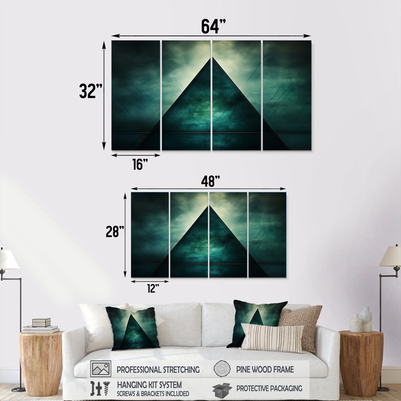 «Green Abstract Echoes Of Piramid III», art mural abstrait géométrique 4 pièces, H 28 po x l 48 po