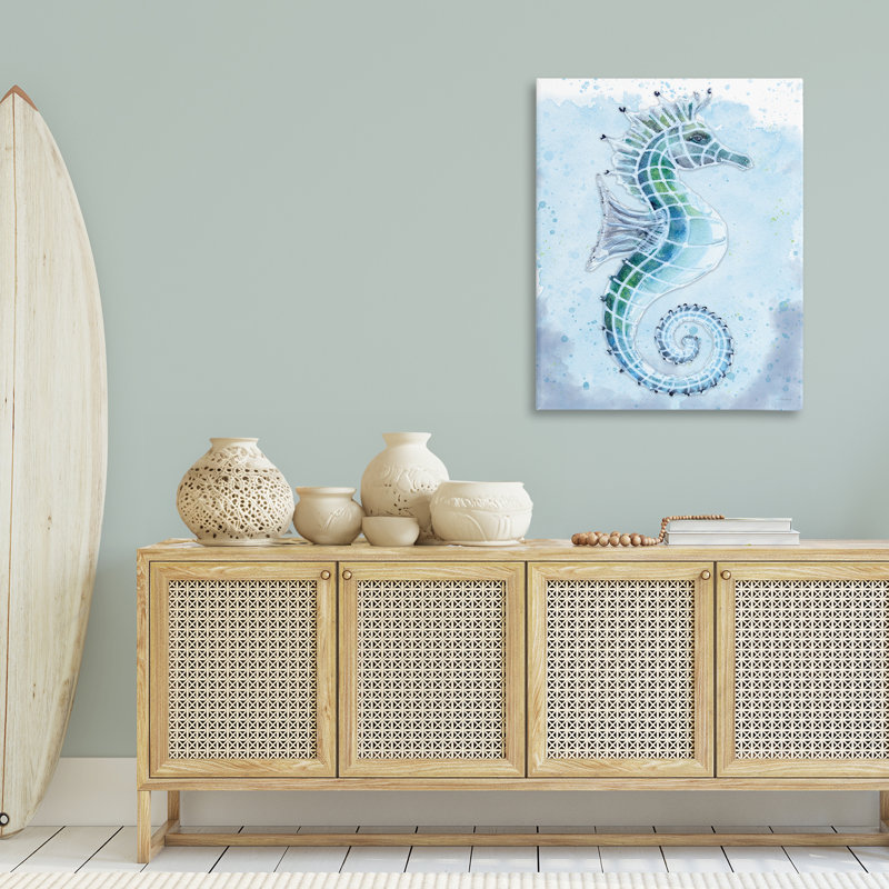 Art mural en toile d'hippocampe en vitrail par Patti Bishop, H 40 po x l 30 po