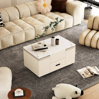 Table basse relevable moderne avec 4 tabourets pour le salon Table de salle à manger extensible 1 rangement caché + 2 tiroirs peu encombrants