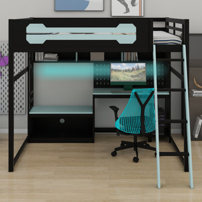 Wood Loft Bed With Desk, Shelves, LED Lights, USB Ports And Pegboard