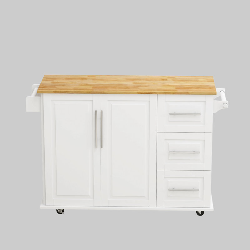 Chariot pour îlot de cuisine blanc 43 po avec plateau en bois massif pliable, 3 tiroirs, armoire à 2 portes, porte-épices et serviettes, roues verrouillables