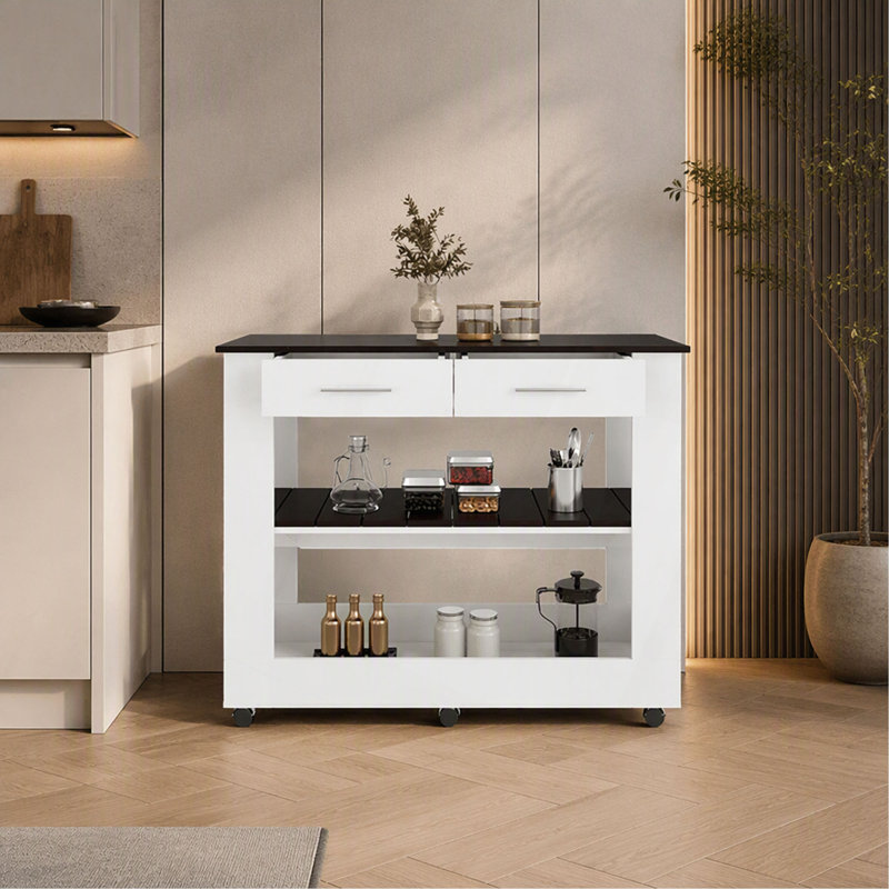 Îlot de cuisine Hardy, 2 tiroirs, 6 roulettes, 2 tablettes