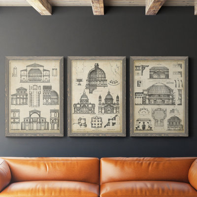 «Vintage Architects Plan I», ensemble de 3 impressions sur toile encadrées