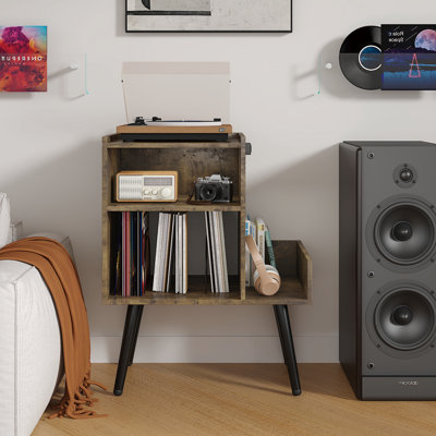 Record Storage Cabinet with Audio Shelf and Built-In Power Outlet for Bedroom, Living Room, Small Spaces