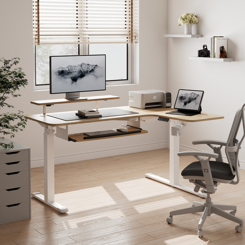 Inbox Zero Marquasha L Shaped Standing Desk with Monitor Stand & LED Strips, Dual Motor, Right Hand Return, Maple/White