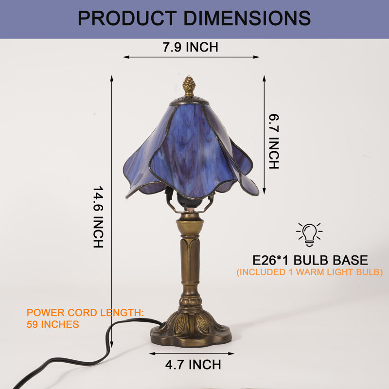 Tiffany Style Blue Purple Petal Stained Glass Table Lamp, Antique Bronze Resin Base, E26 Warm Bulb Included, Vintage Accent Lamp