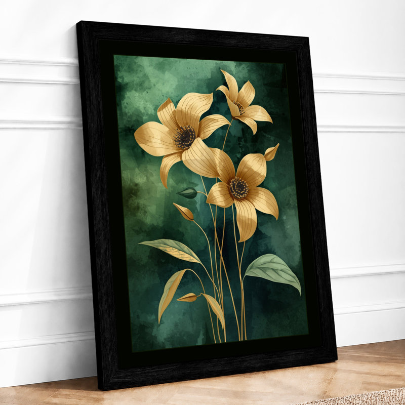 Golden Blooms Study Botanical - Framed Print, A2 - 59.4 x 42.0 cm, Black