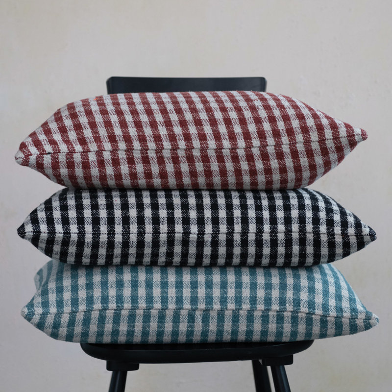 Teal and White Gingham Cotton Blend Lumbar Pillow Cover
