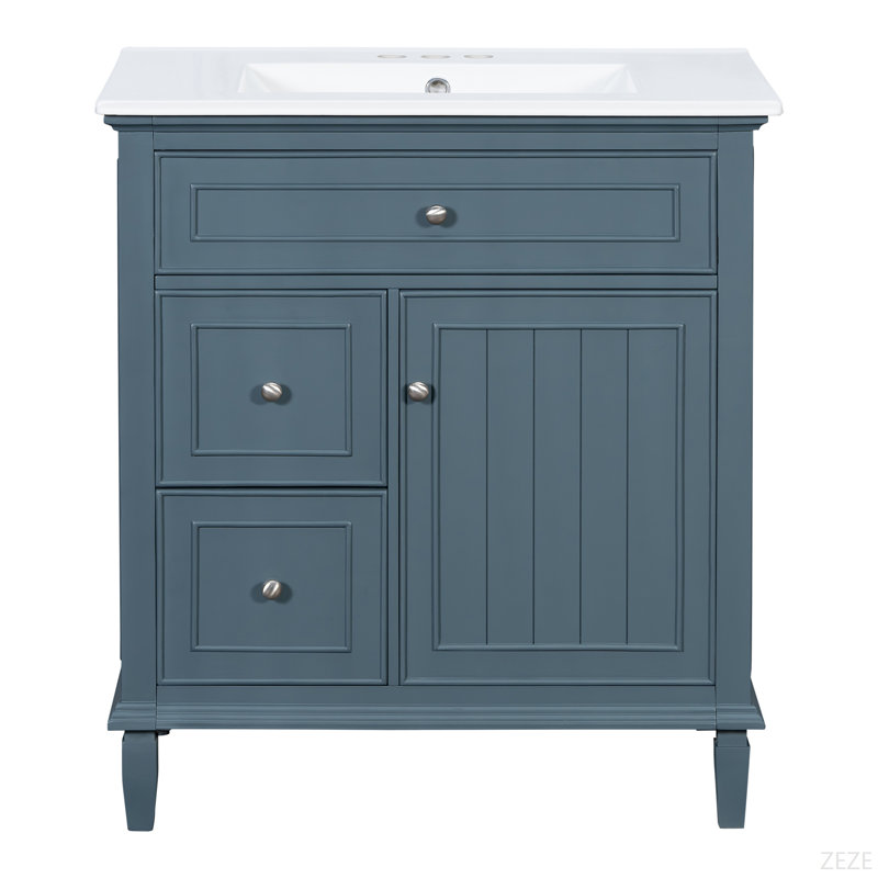 Meuble-lavabo de 30 po avec lavabo, meuble-lavabo avec un tiroir rabattable et deux tiroirs, tablette réglable, bois massif et panneau de fibres à densité moyenne