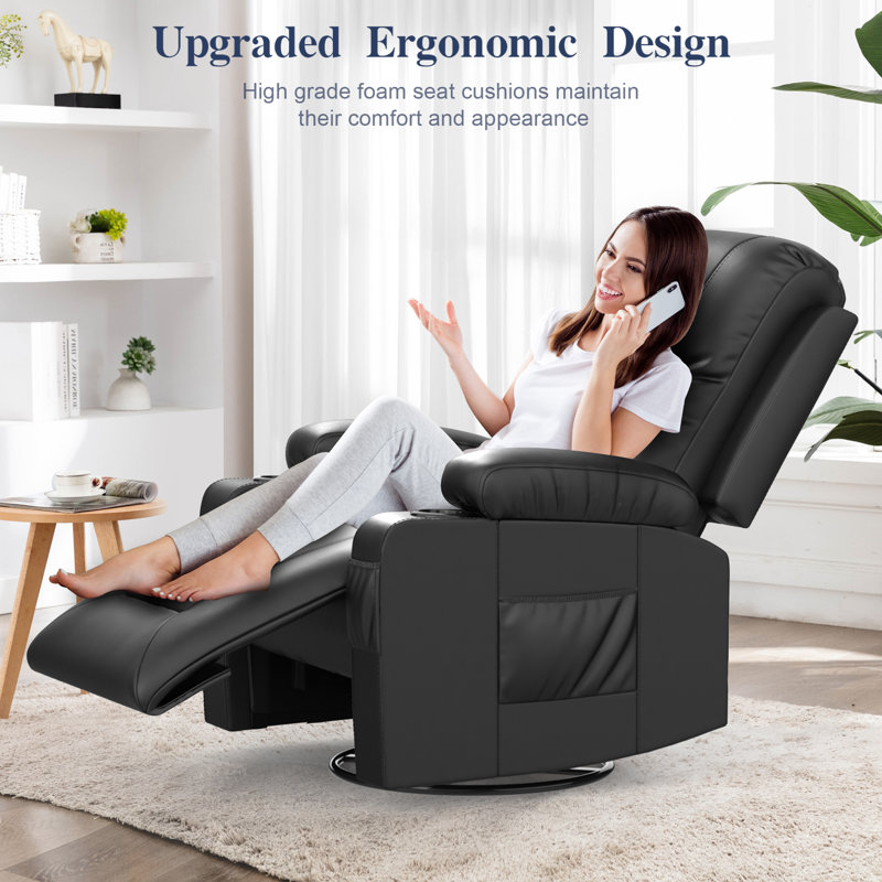 Lannah Faux Leather Recliner Massage Chair, Swivel Rocker Recliner with 360° Rotate & 125°  Reclining Rocking Chair With Two Cup Holders for home