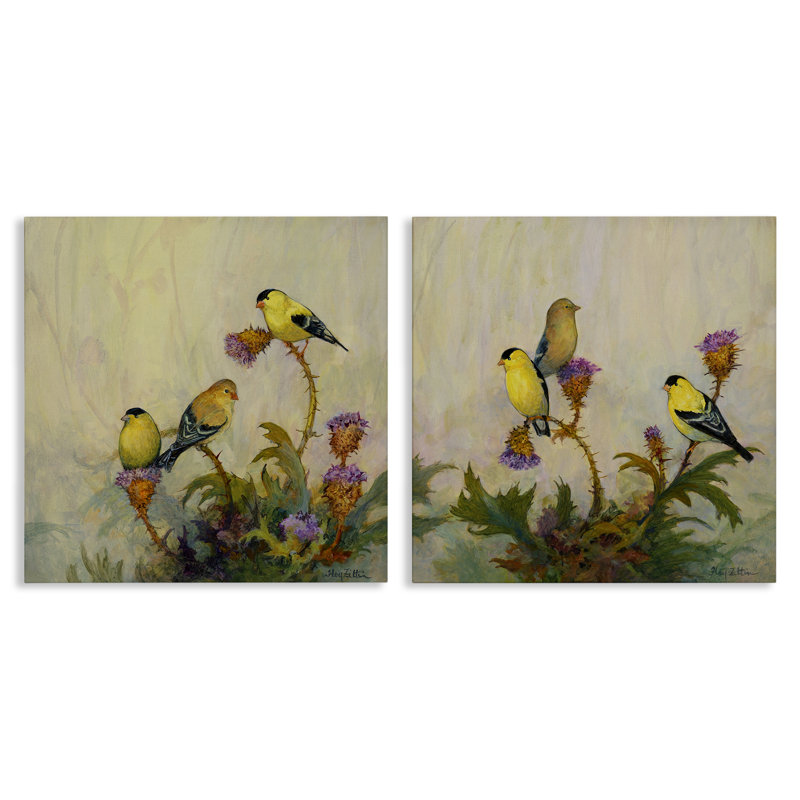 American Goldfinches, ensemble de 2 toiles perchées, par Floy Zittin, H 24 po x l 48 po