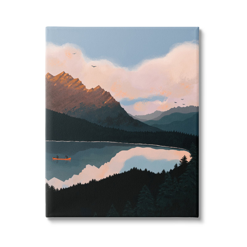 «Mountain Range River Canoe Cloudy Wilderness Birds» par Abi Hall - impression, Plaque murale, L 16 po x H 16 po