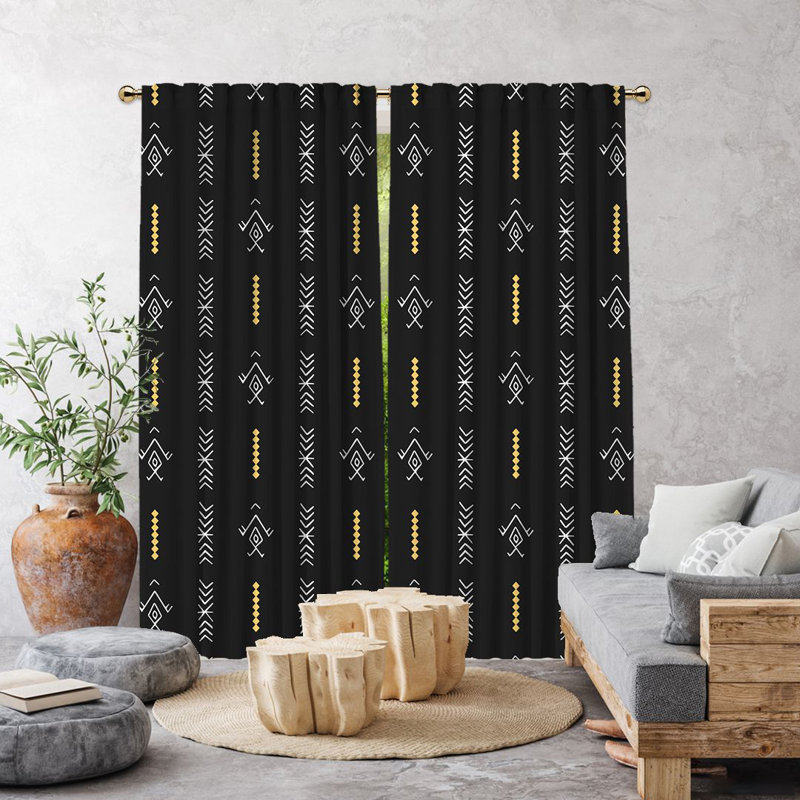 Boho Pattern Lined Single Panel Curtain, 140cm Width x 325cm Drop, Black