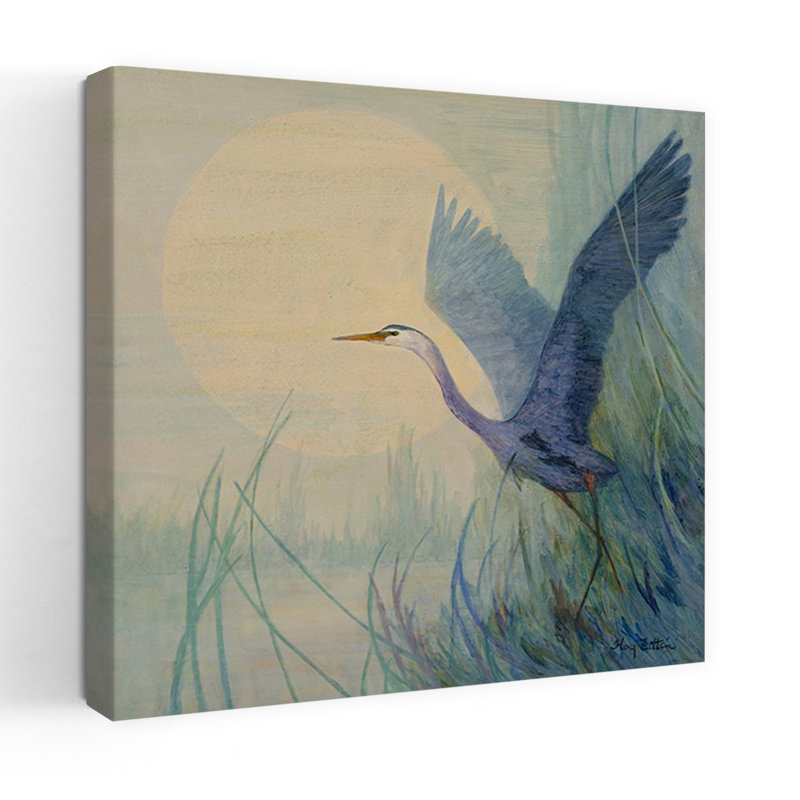 Héron soulevant un oiseau, lavande, art contemporain, H 48 po x l 48 po