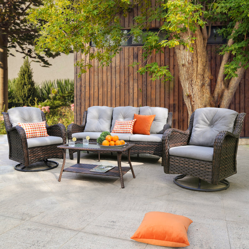 Alejah Premium All-Weather Wicker 5 - Person Patio Conversation Set with Cushions, No