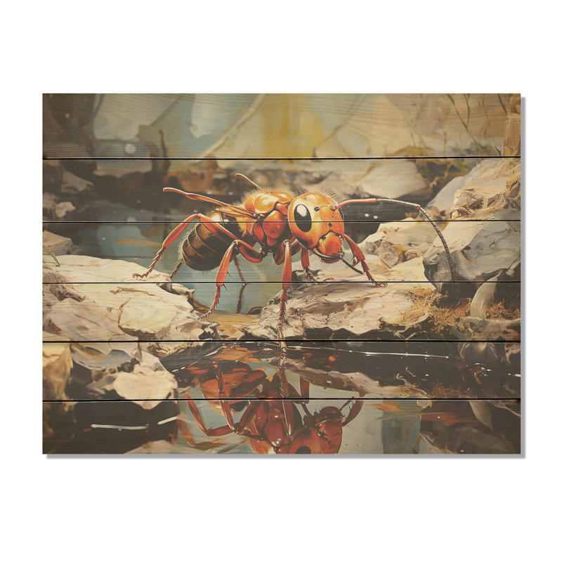 Golden Pathway Golden Ant I - Art mural sur bois de pin naturel, H 30 po x l 40 po